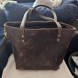 Sturdy Thick Brown Leather Tote With Baggage Loop For Easy Airport Navigation
